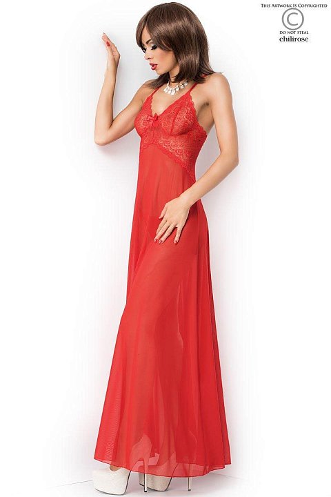 Long red bedroom dress in soft micro-mesh with cups and upper band in lace. 