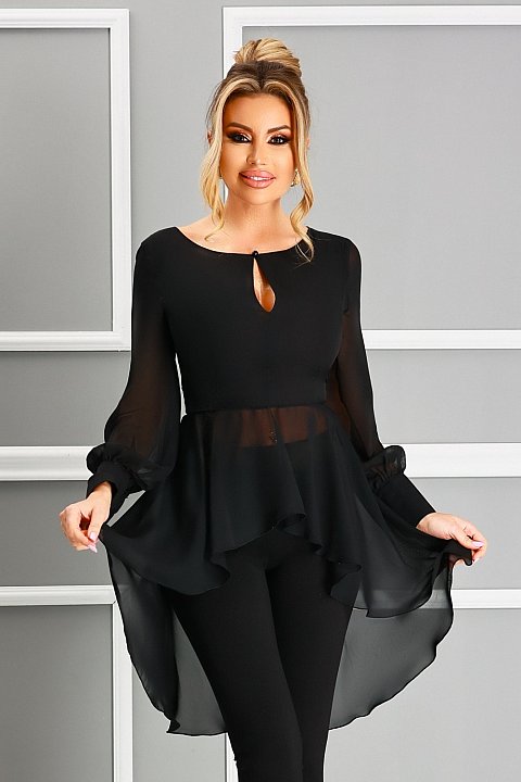 Blusa elegante di colore nero a maniche lunghe con tessuto di voilè. 