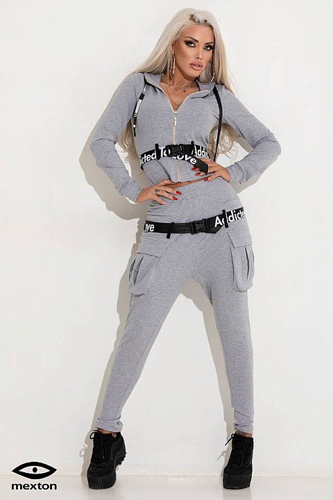Two-piece sports suit in light gray color. 
