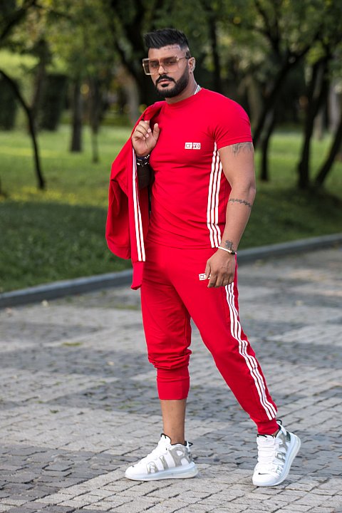 Men's Sports Suit in red with white side bands. 