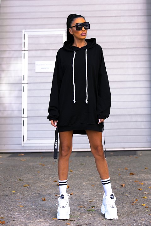Black sporty dress with hood.