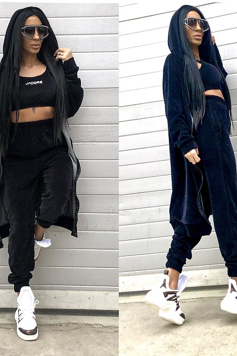 Three-piece women's tracksuit in black chenille.