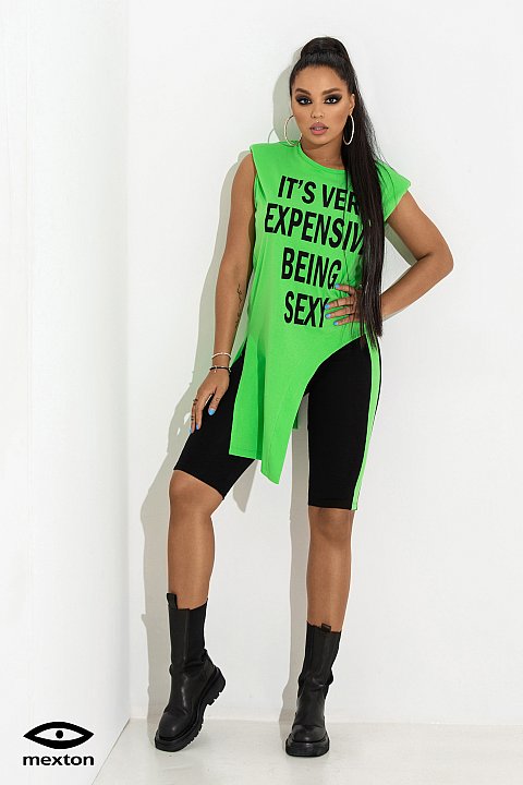 Green sleeveless blouse with writing. 