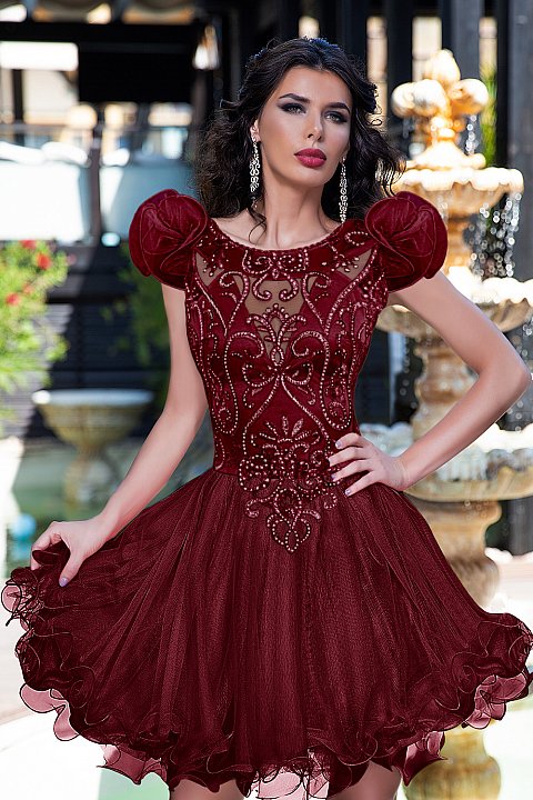 Burgundy organza princess dress with on-tone embroidery.