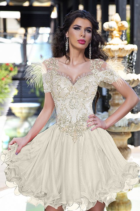 Cream-colored princess dress with embroidered bodice.