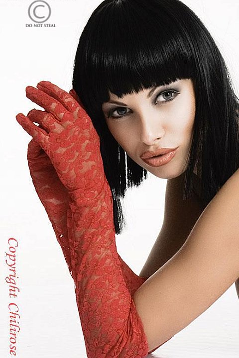 Elbow-length gloves in floral patterned lace. 