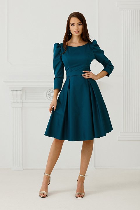 Teal blue casual dress with belt. 