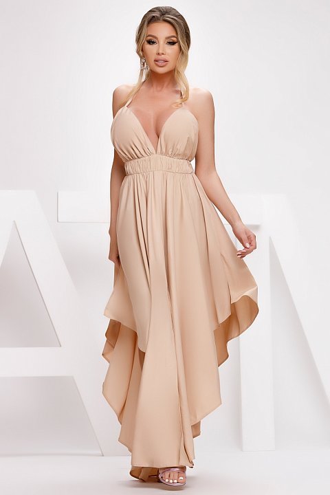 Casual cream dress with asymmetrical length. 