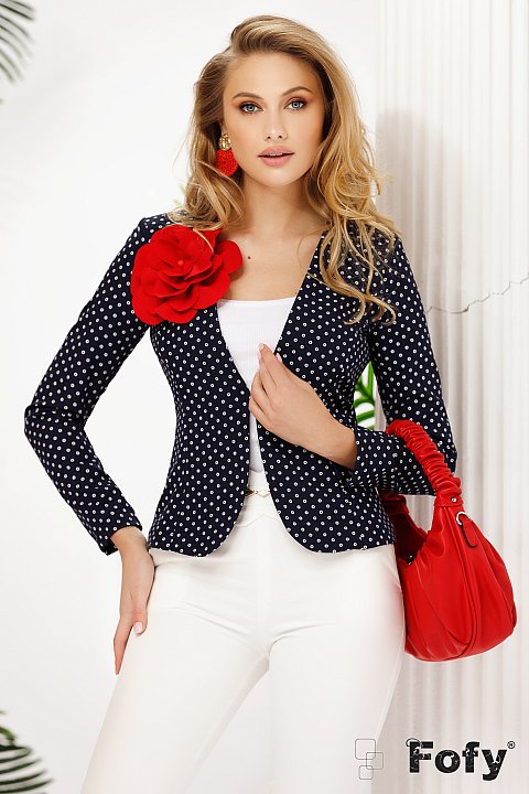 Midnight blue short jacket with white micro polka dots. 