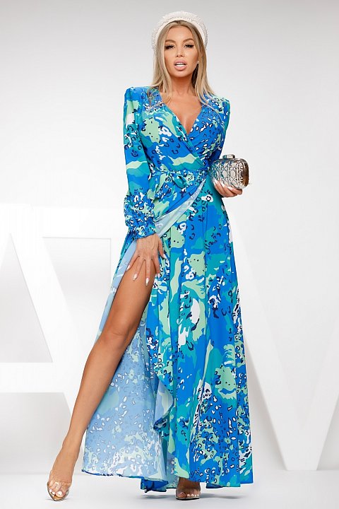 Long wrap dress with multicolor print.
