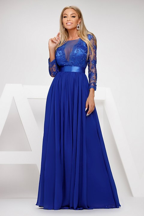 Long royal blue ceremony dress with lace. 