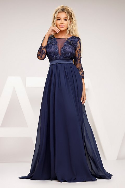 Midnight blue cocktail dress with lace bodice.