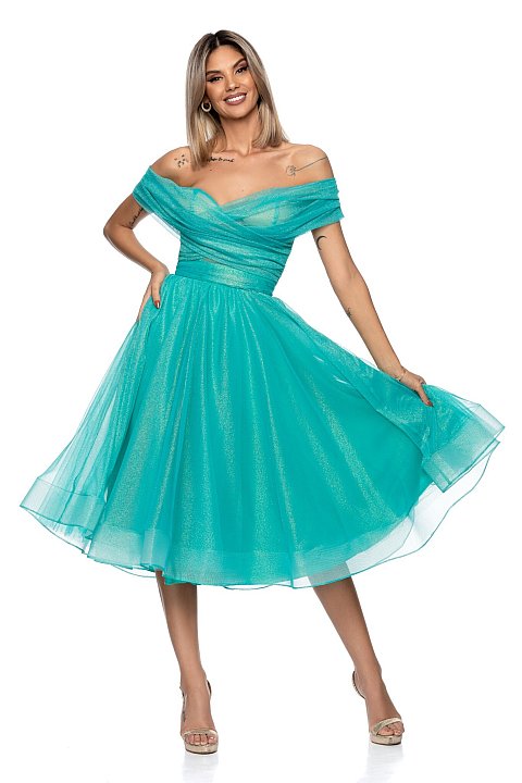 Elegant turquoise midi dresses in lurex tulle.