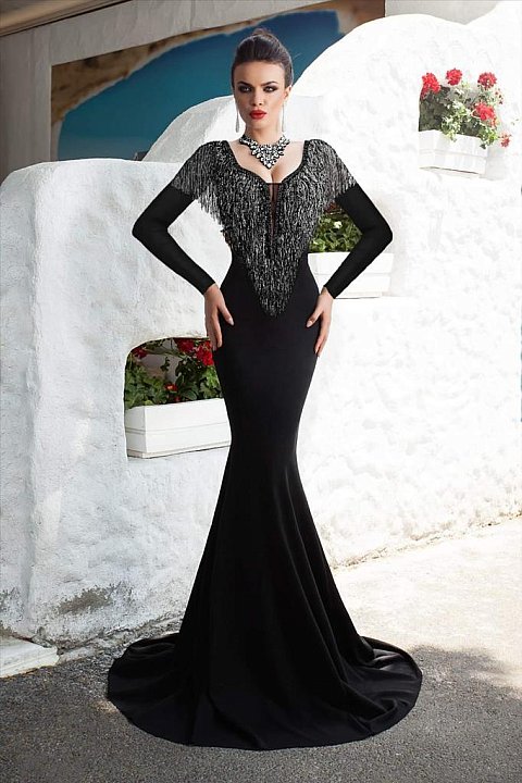 Long black ceremony dress with silver fringes