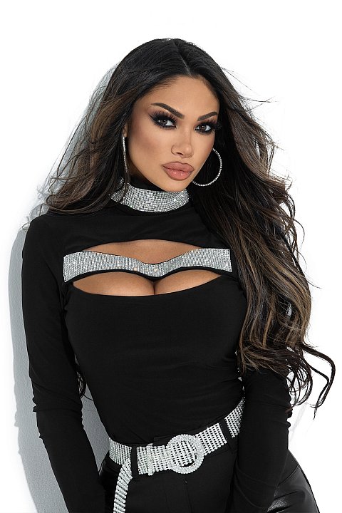 Black blouse, elegant model with high collar