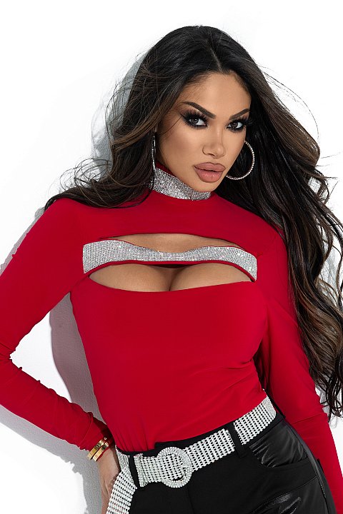 Red blouse, elegant model with high collar