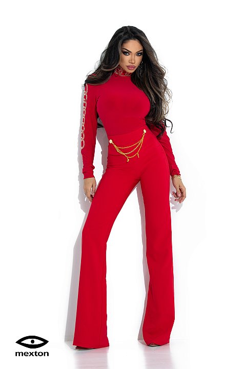 High-waisted red flared trousers