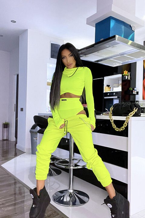 3-piece set, fluo yellow, consisting of high-waisted trousers, fitted blouse with long sleeves and briefs.