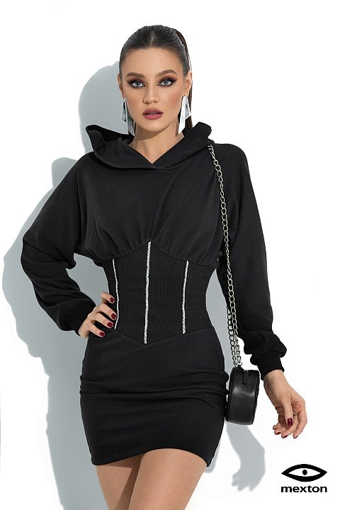 Black sport-casual dress, with hood and corset pattern at the waist