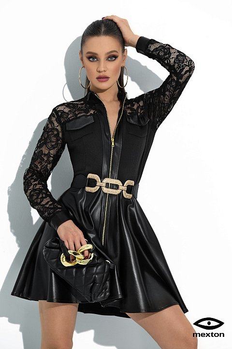 Modern dress in eco-leather and rhinestone applications. 