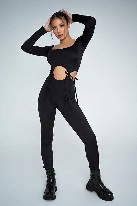 Women's long, tight-fitting lycra jumpsuit with cutout and laces. Black