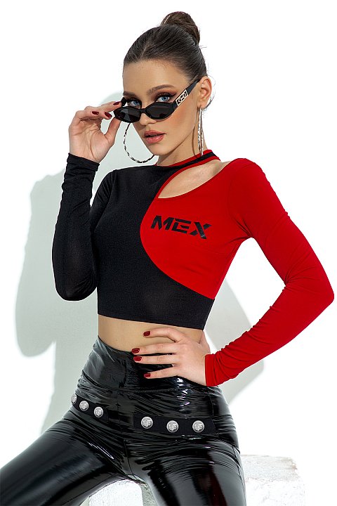 Top in 2 colors, red and black with writing