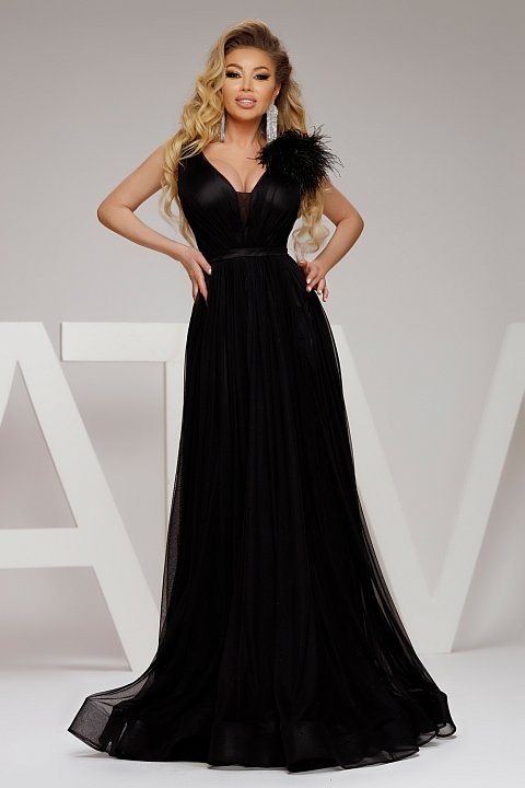 Long dress in black silk tulle and ostrich feather accessories
