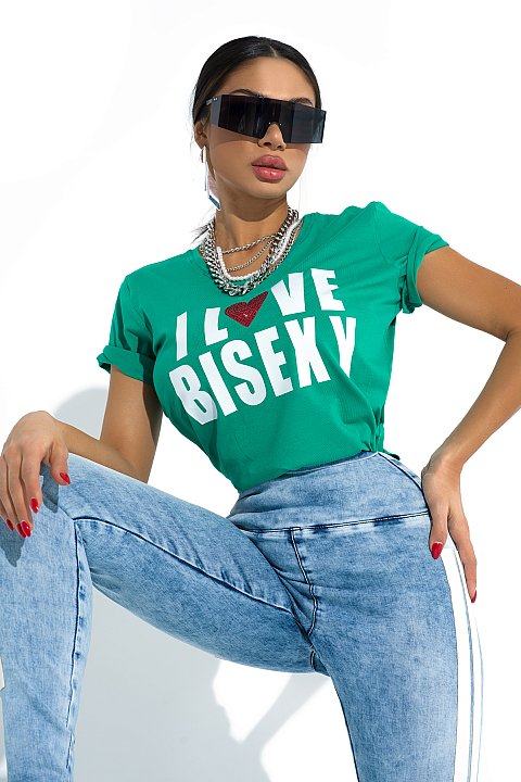 Modern green t-shirt with message print and applied rhinestones. With round neckline.
