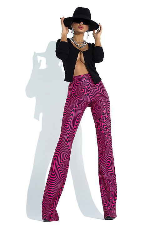 High-waisted trousers with zebra pattern, pink and black.