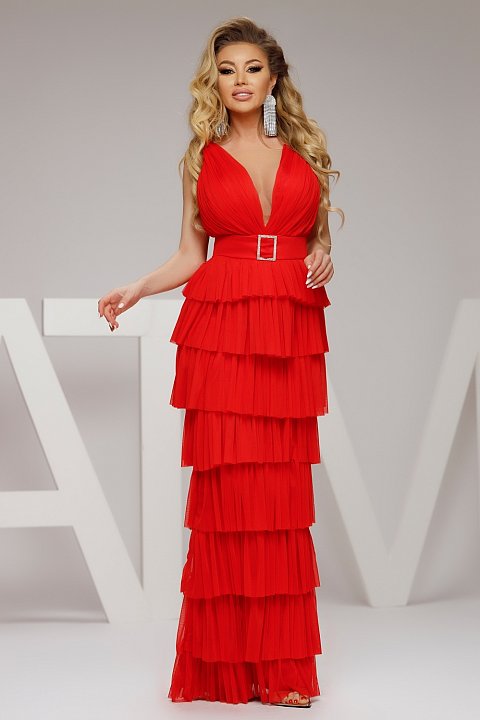 Long dress in red silk tulle with very elegant and sexy ruffles with plunging neckline