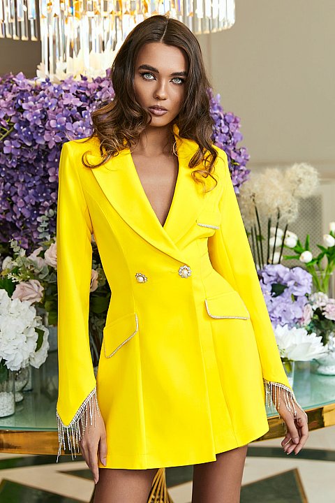 Jacket dress with light cuts, lapels accessorized with crystals, crystal buttons, very sharp neckline, 3/4 sleeves, miniskirt and fake pockets. Yellow model.
