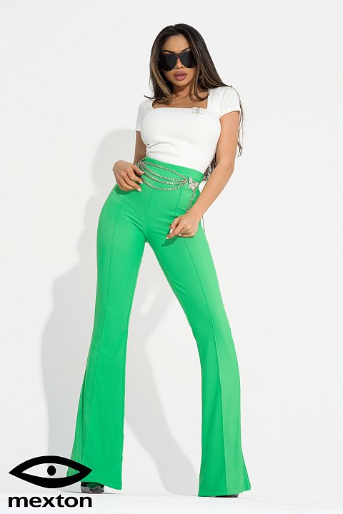 High-waisted flared trousers, green. Very sexy model, accessorized with a silver belt at the waist, with a butterfly model.