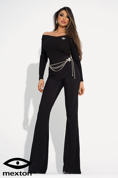 High-waisted flared trousers, black. Very sexy model, accessorized with a silver belt at the waist, with a butterfly model.