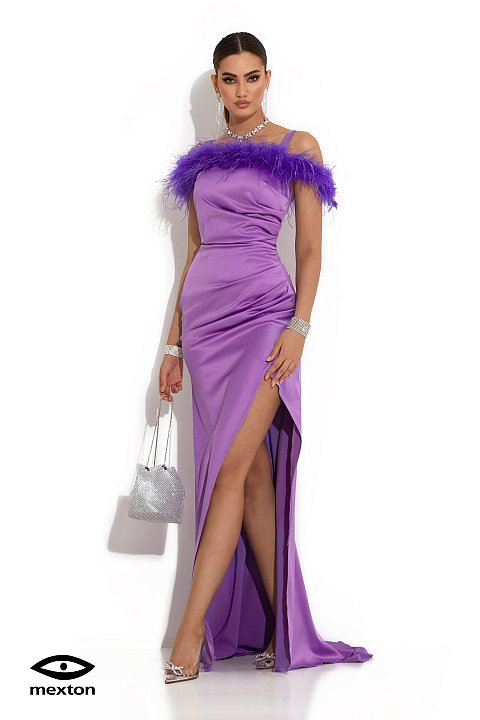 Elegant long purple dress with feathers