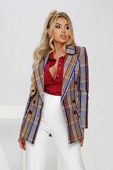 Tartan patterned double-breasted jacket with buttons and pockets