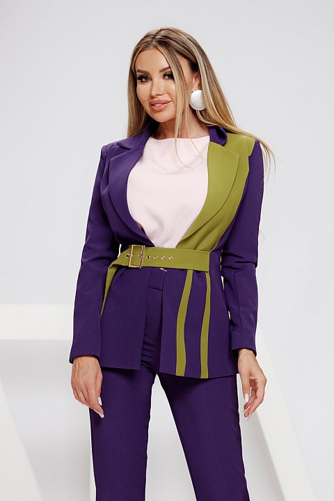 Two-tone purple-green jacket with perforated belt