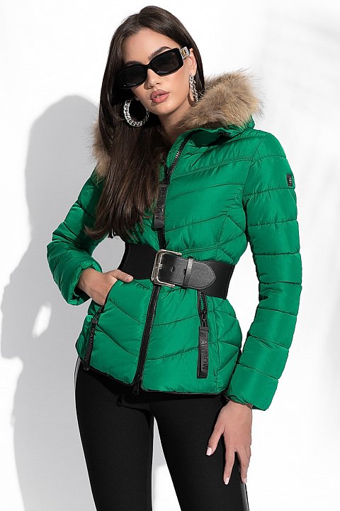 Quilted windproof green down jacket with faux fur