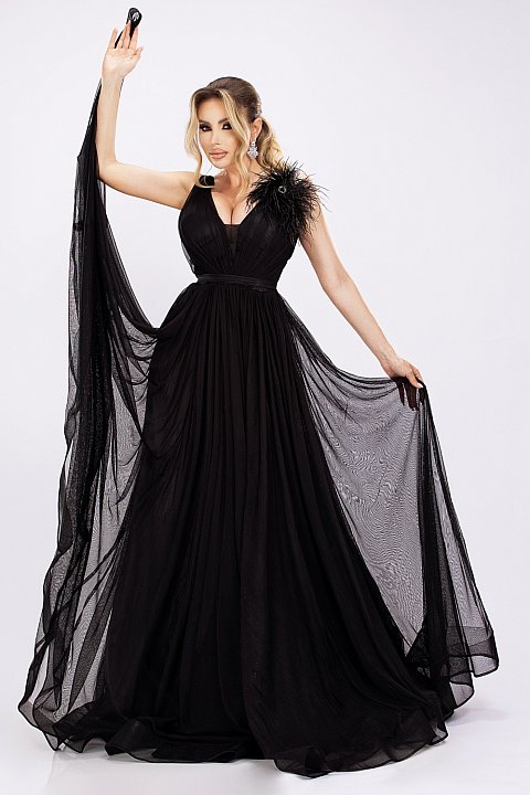 Long tulle dress with feathers