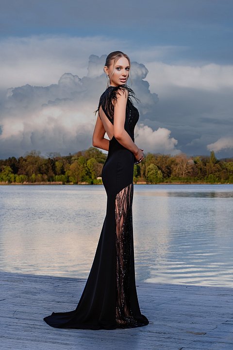 Long elegant mermaid dress with sequins and feathers