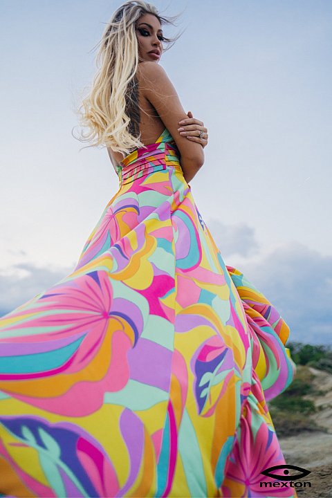 Long multicolored dress with asymmetrical hem