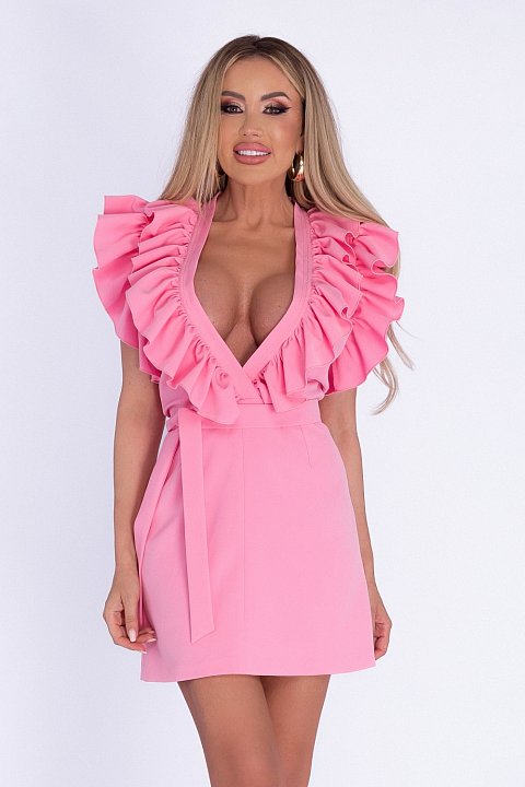 Pink sleeveless minidress with rouches. 