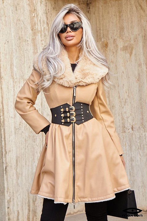 Coat with eco fur and belt