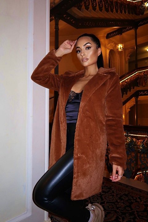 Brown coat featuring faux fur & mid length