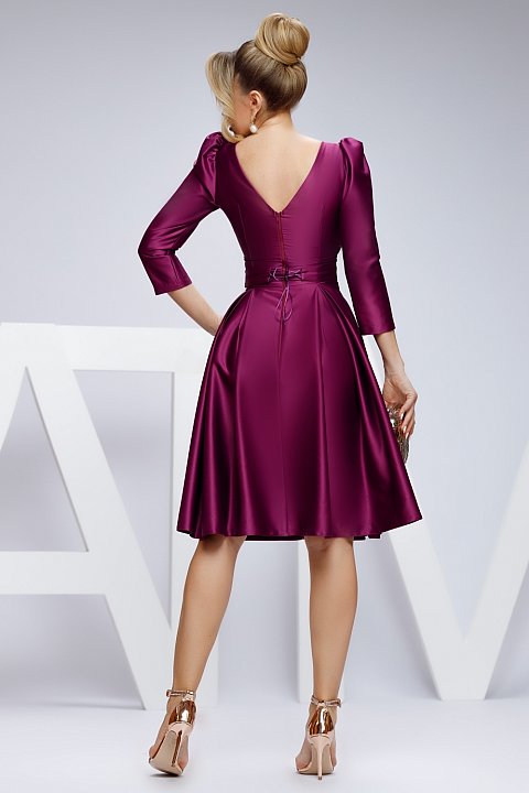 Purple satin midi dress with buttons and long puff sleeves
