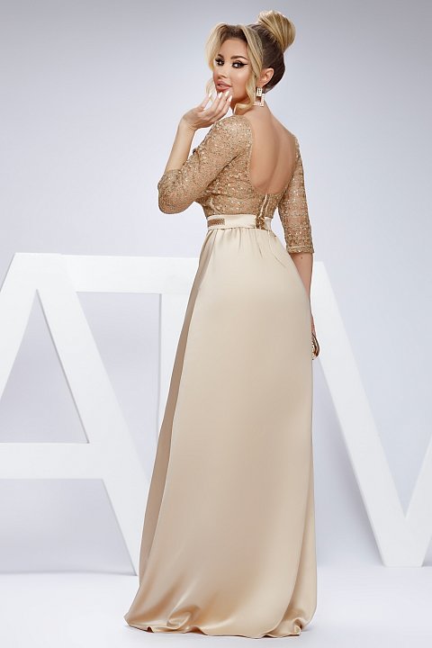 Long beige evening dress with lace on the bust, elegant