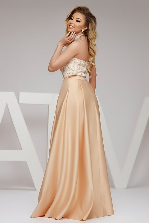 Long beige evening dress with ivory lace