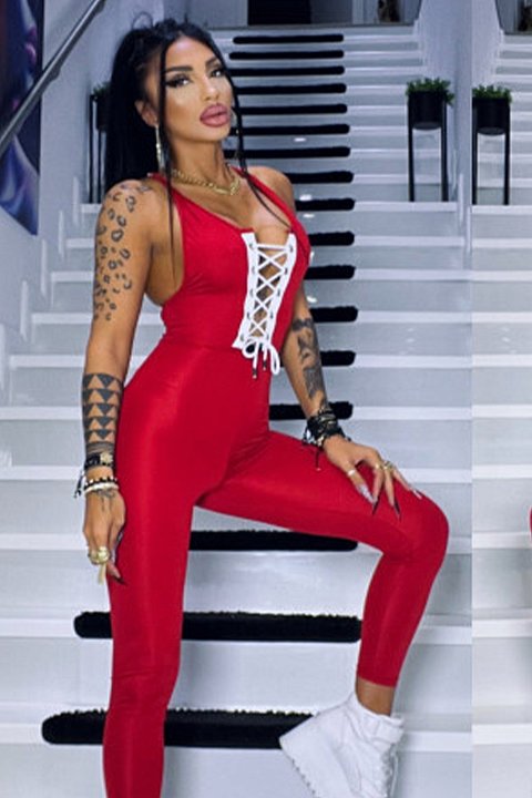 Dark red jumpsuit. The top has a corset-like pattern, with black drawstring.