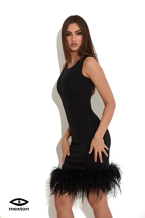 Elegant sheath dress with decorative feathers