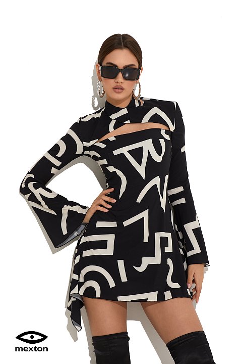 Geometric patterned black-white casual minidress