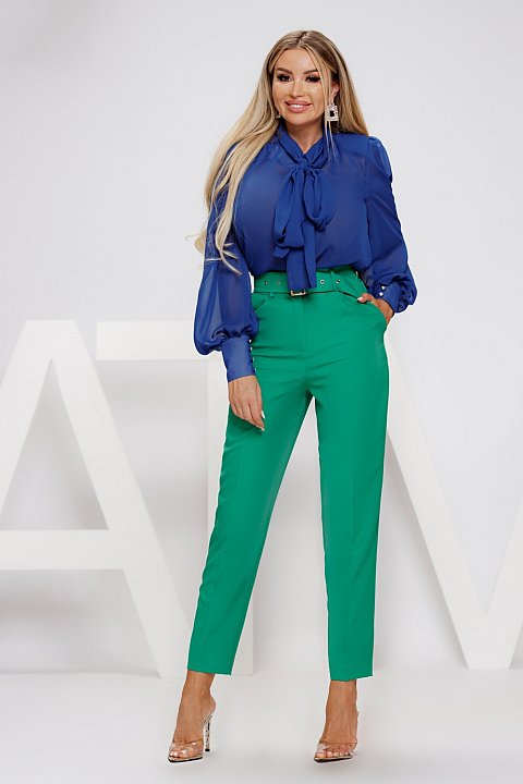 Electric blue blouse with bow at the neck